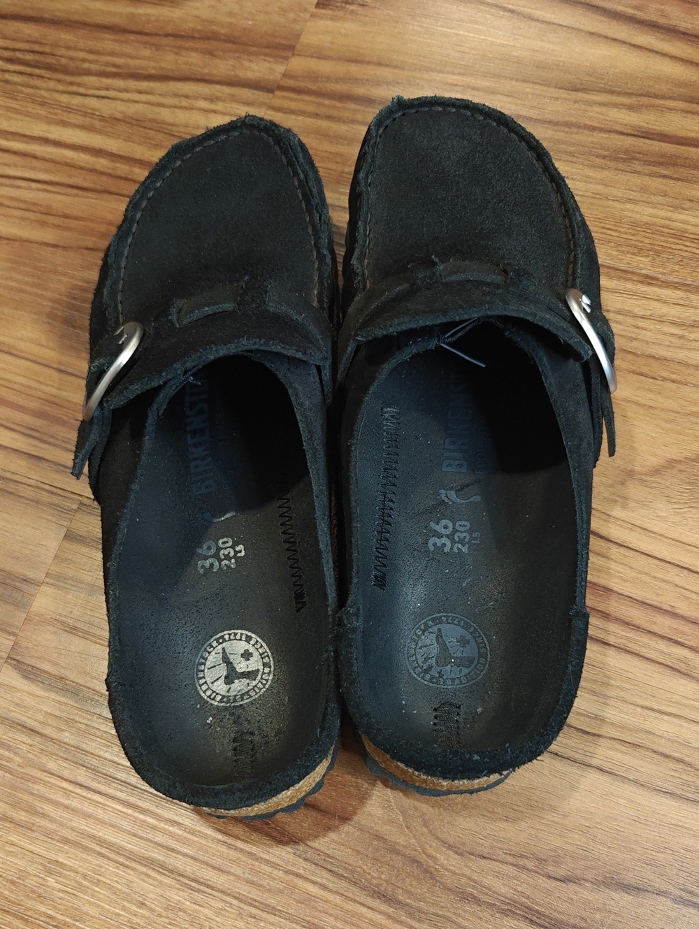 Birkenstock Black Suede Slip-On Loafers with Silver Buckle